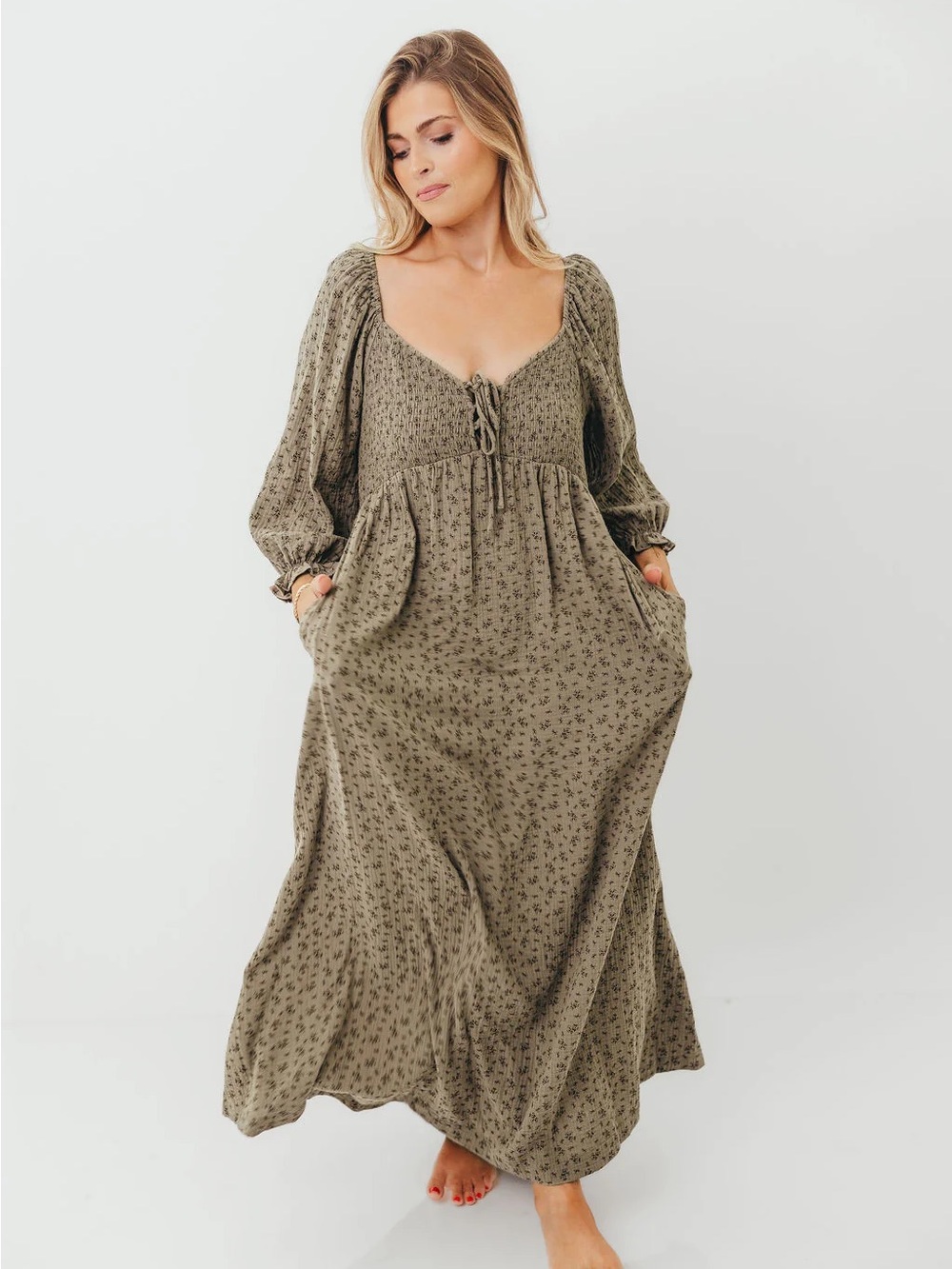 Cecilia 100% Cotton Maxi Dress in Olive Foliage - Picture 4 of 6